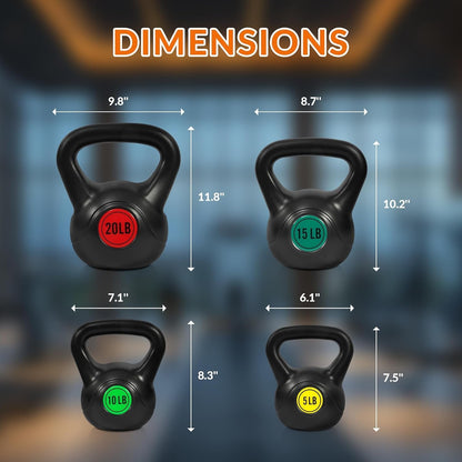 Wide Grip 3-Piece or 4-Piece Kettlebell Exercise Fitness Weight Set, Include 5 Lbs, 10 Lbs, 15 Lbs and 20 Lbs, Set of 3 or Set of 4