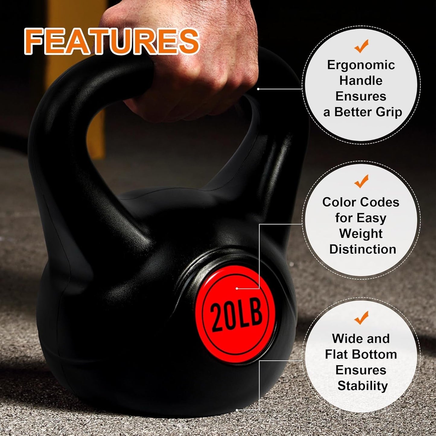 Wide Grip 3-Piece or 4-Piece Kettlebell Exercise Fitness Weight Set, Include 5 Lbs, 10 Lbs, 15 Lbs and 20 Lbs, Set of 3 or Set of 4
