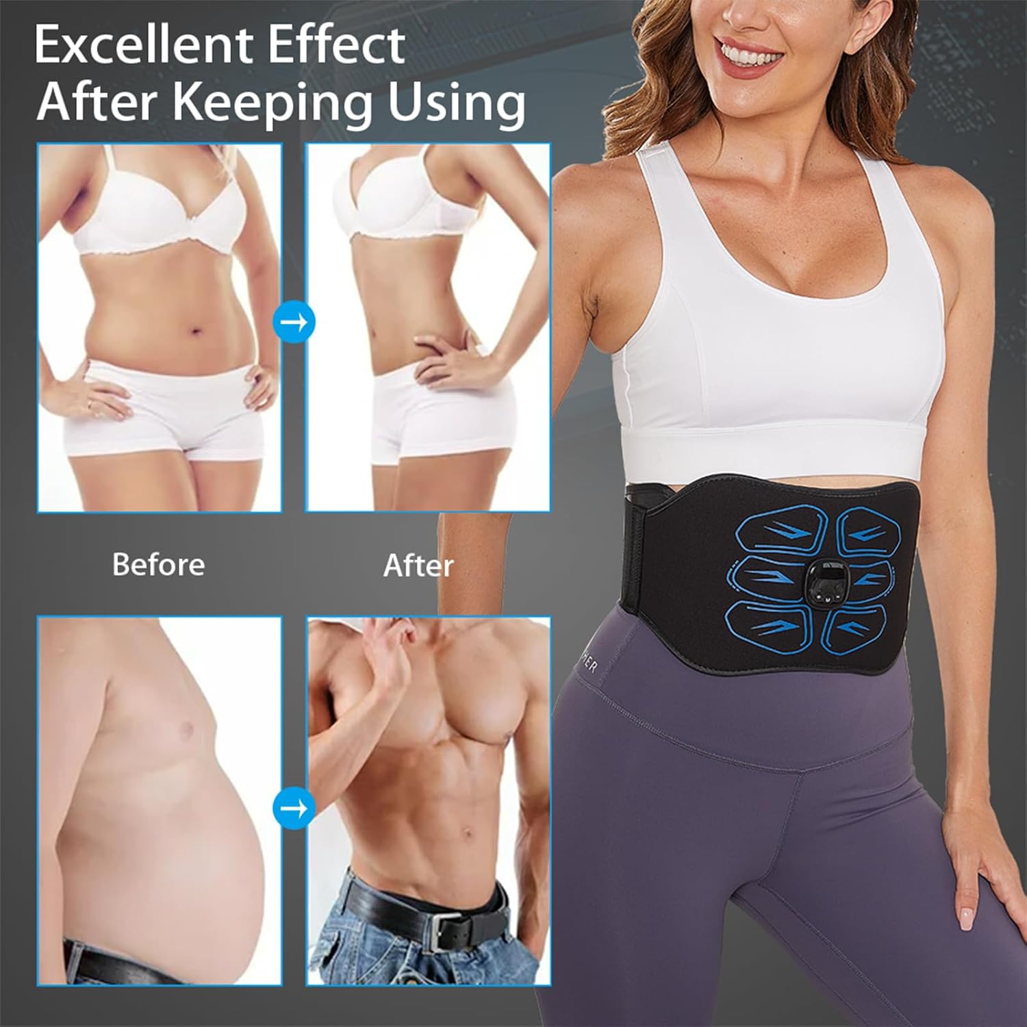 ABS Stimulator - EMS Muscle Stimulator, Ab Machine, Portable Abdominal Belt, Electronic Pulse Massager, Home Office Fitness Workout Equipment, Blue