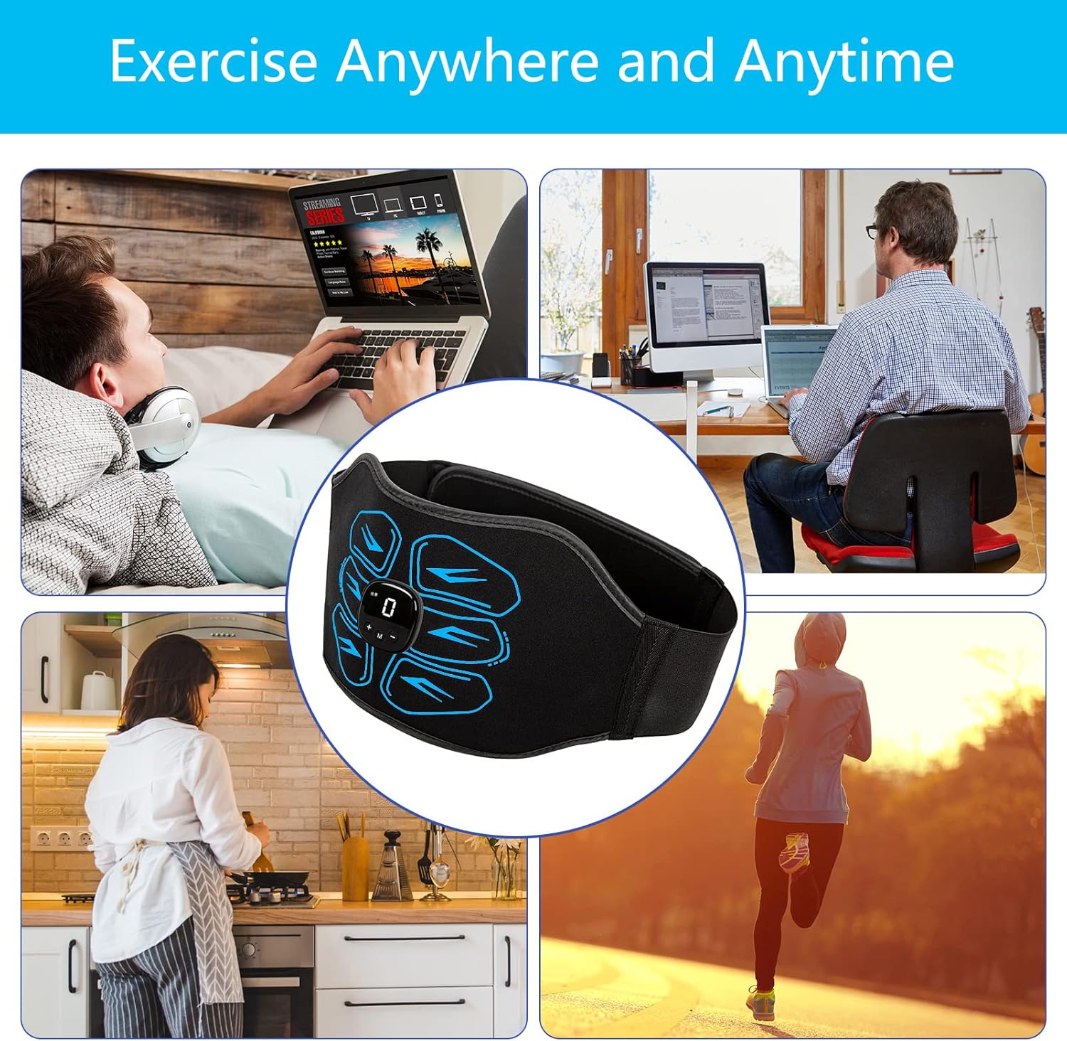 ABS Stimulator - EMS Muscle Stimulator, Ab Machine, Portable Abdominal Belt, Electronic Pulse Massager, Home Office Fitness Workout Equipment, Blue