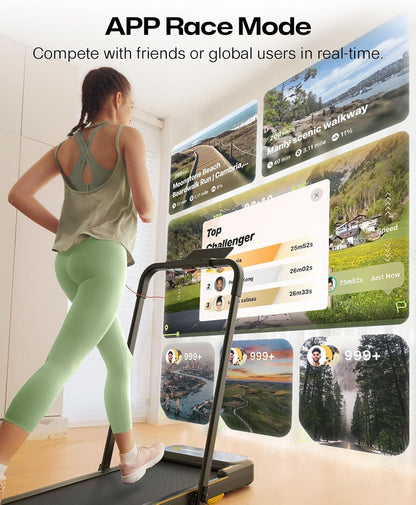 Smart 2-In-1 Folding Treadmill, Compact Walking Pad with Safety Handle, Plug and Play, Dual LED Display, Workout APP, Walking or Running for Home Office, Remote Included