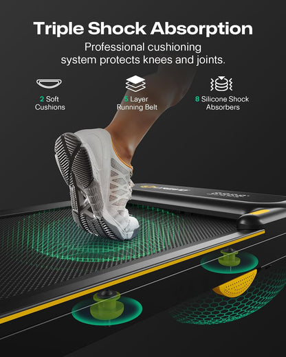 Smart 2-In-1 Folding Treadmill, Compact Walking Pad with Safety Handle, Plug and Play, Dual LED Display, Workout APP, Walking or Running for Home Office, Remote Included